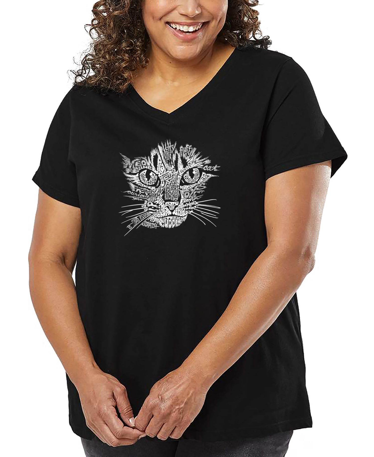 Plus Size Cat Face Word Art V-Neck T-Shirt