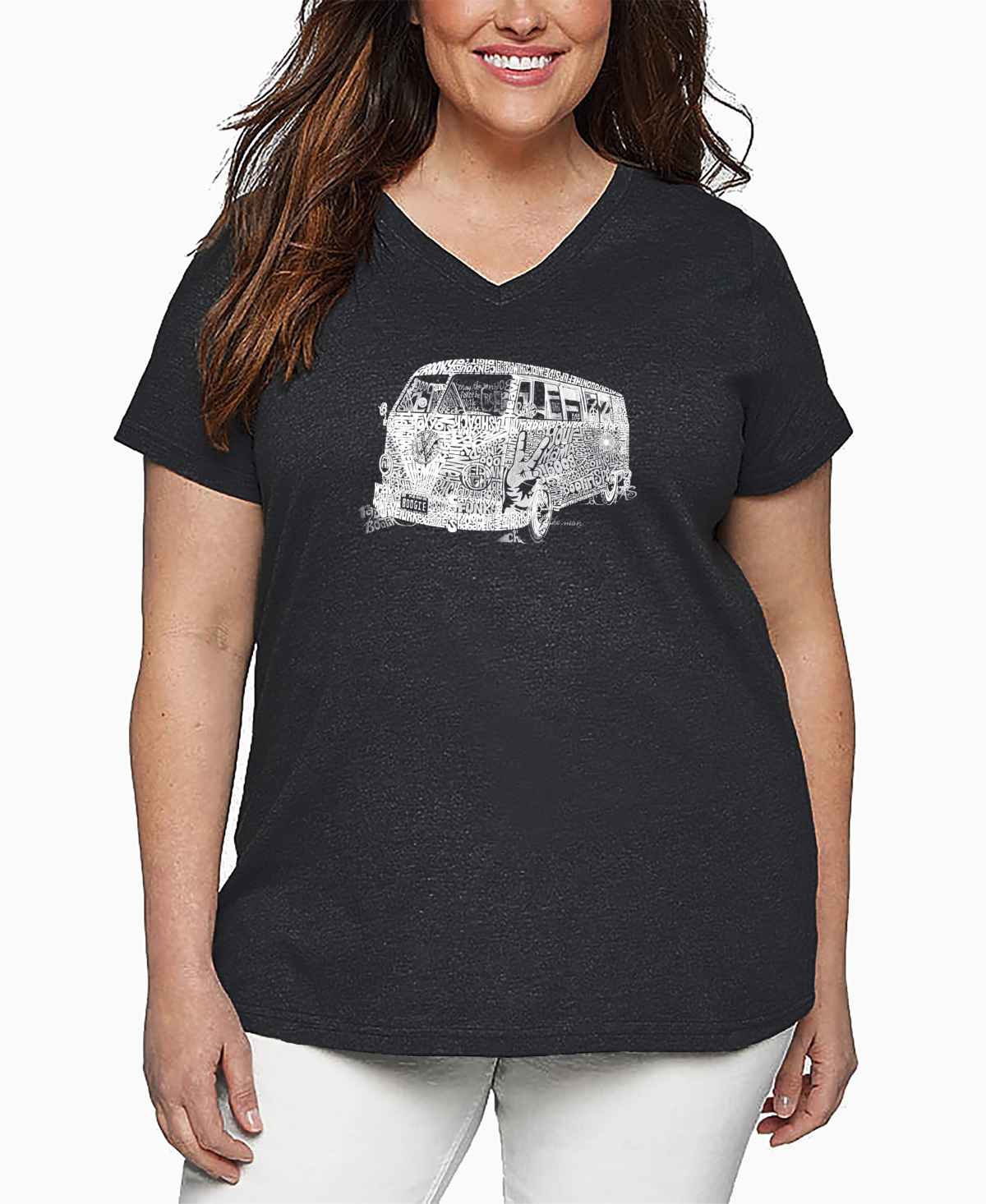 La Pop Art Plus Size The 70's Word Art V-neck T-shirt In Black