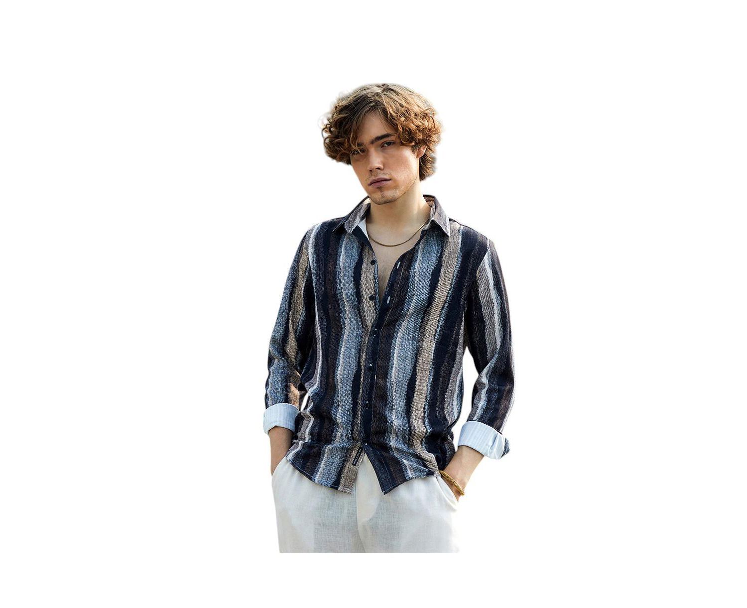 Men's Prussian Blue & Ash Brown Brushed-Stripe Shirt