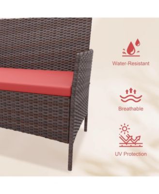 4 Pieces Brown/Red Rattan Outdoor Patio Furniture Set with Upholstered Sofa, 2 Chairs & Coffee Table for Backyard & Porch