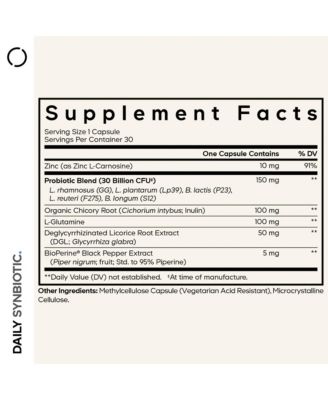 Daily Synbiotic Supplement - Prebiotics, Lactobacillus & Bifidobacterium Probiotics, L-Glutamine, Zinc 30 Capsules