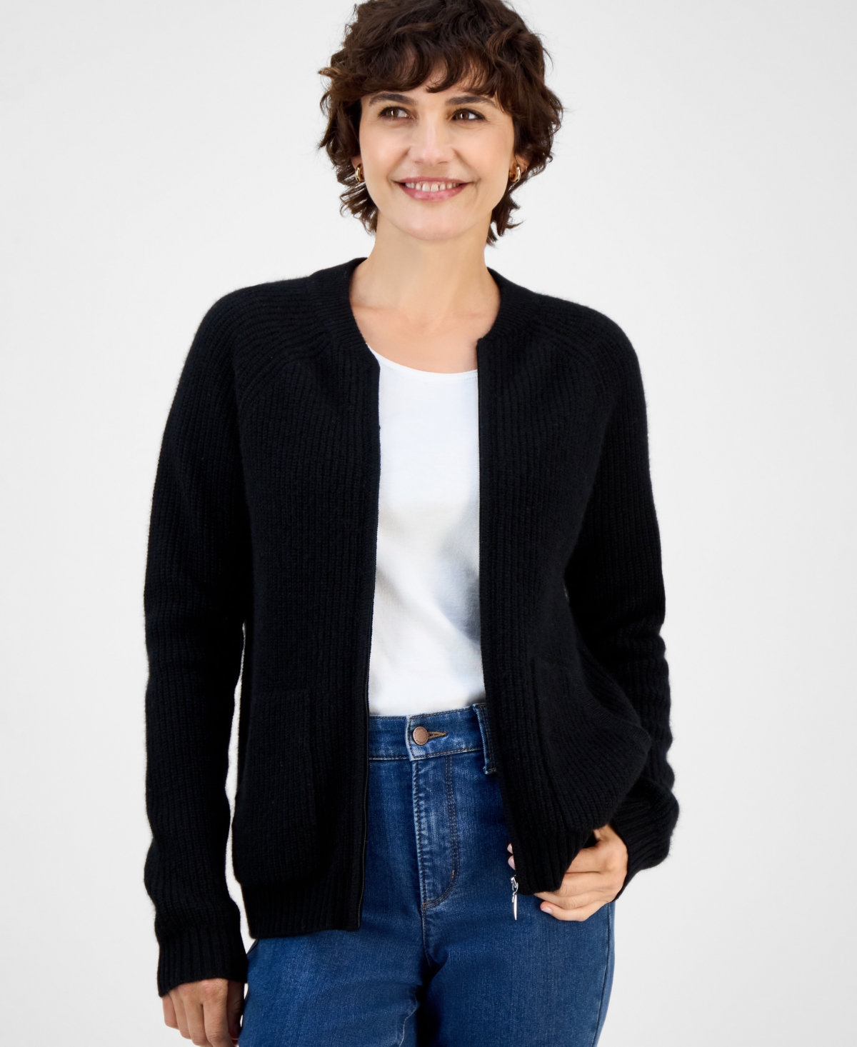 Charter Club Women's 100% Cashmere Shaker-stitch Bomber Jacket, Macy's Exclusive In Black