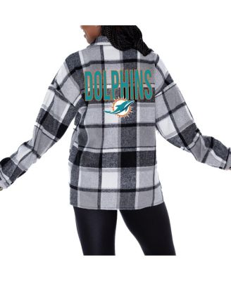 Gameday Couture - Women's Gray Miami Dolphins Fieldside Fun Plaid Button-Up Overshirt