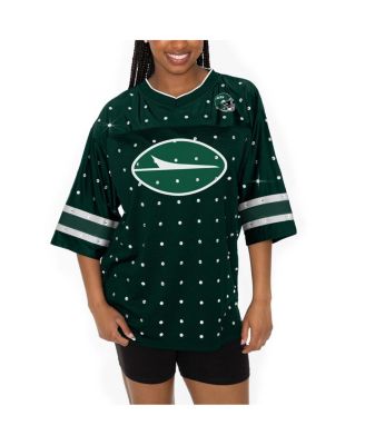 Gameday Couture - Women's Green New York Jets Kickoff Time Allover Rhinestone Sports Stripe Jersey V-Neck T-Shirt