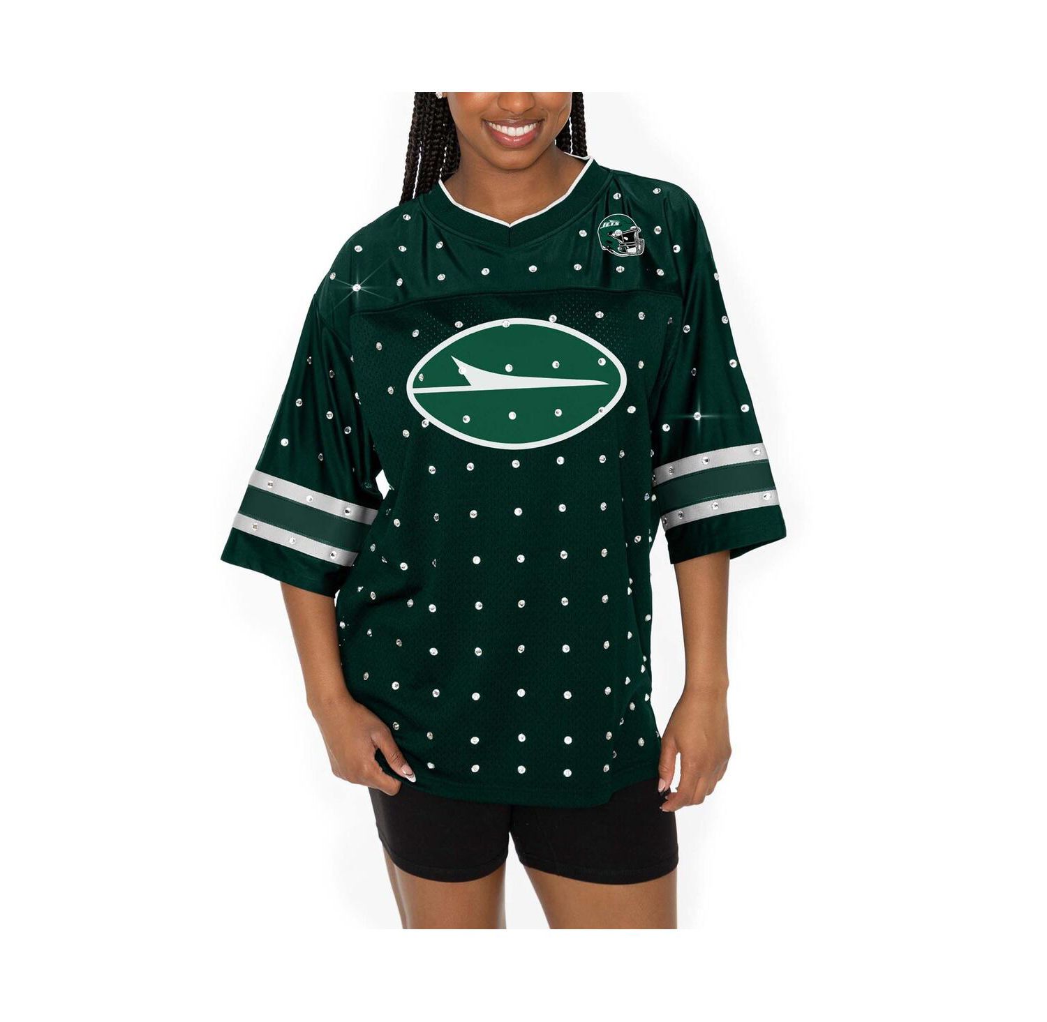 Women's Green New York Jets Kickoff Time Allover Rhinestone Sports Stripe Jersey V-Neck T-Shirt