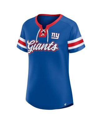 Women's Royal New York Giants True Catch Iconic Rhinestone Bling Athena Lace-Up T-Shirt