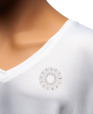 Cultured Freshwater Pearl (5 - 6 1/2mm) & Cubic Zirconia Double Circle Convertible Pin to Pendant in Sterling Silver