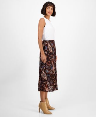 Women's Printed Pull-On Pleated Midi Skirt 
