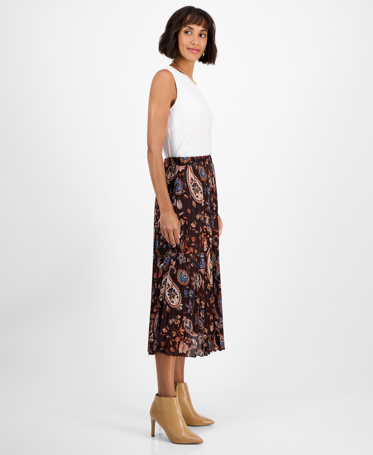 T Tahari Women's Printed Pull-On Pleated Midi Skirt