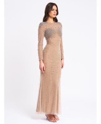 Women Rita Embroidered Mesh Silver Beaded Mermaid Gown