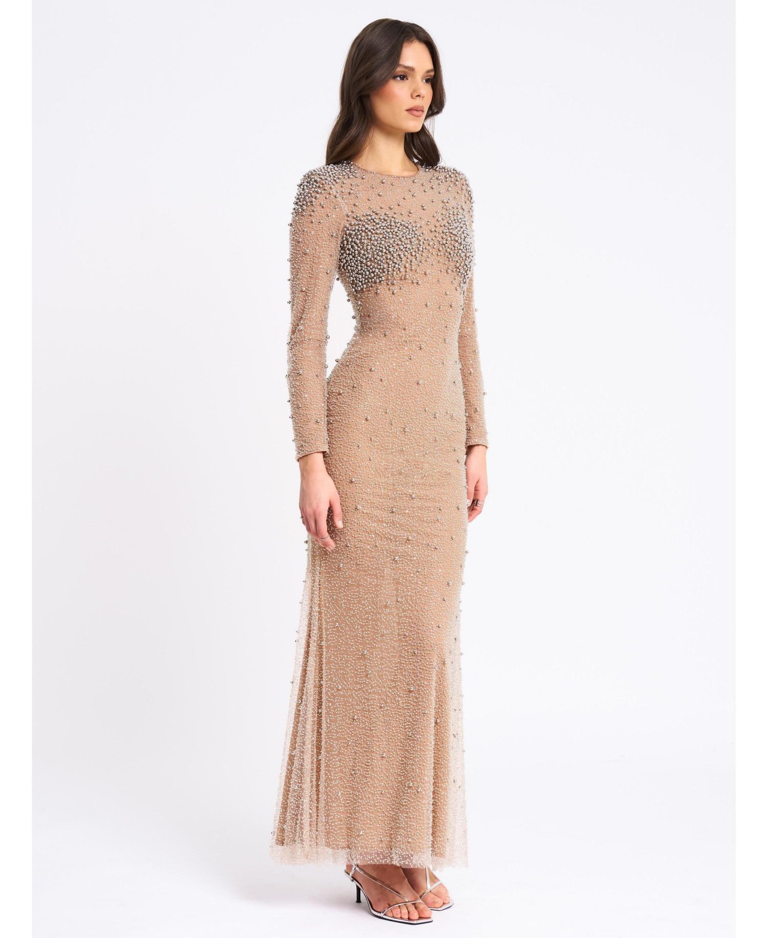Women Rita Embroidered Mesh Silver Beaded Mermaid Gown