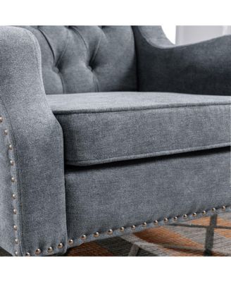 Footrest Chair Set with Vintage Brass Studs, Button Tufted Upholstered Armchair