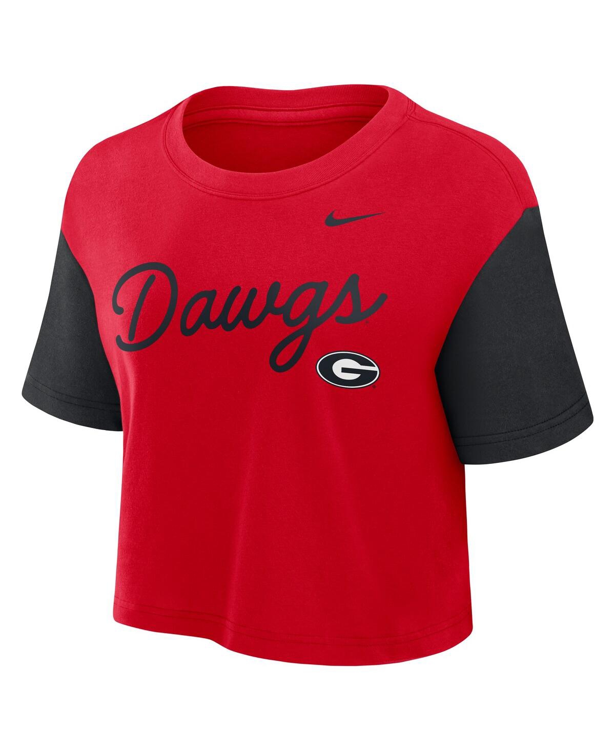 Nike Women's Red/black Georgia Bulldogs Color-block Script Performance Cropped T-shirt In Red