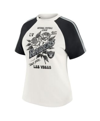 Women's White Las Vegas Raiders Sleeve Stripe Distressed Raglan T-Shirt
