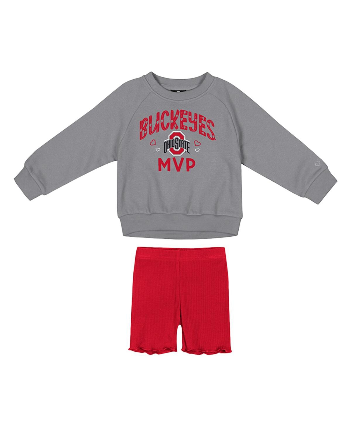Colosseum Girls Toddler 2- Piece Gray/scarlet Ohio State Buckeyes Beta Fleece Sweatshirt And Shorts Set In Blue