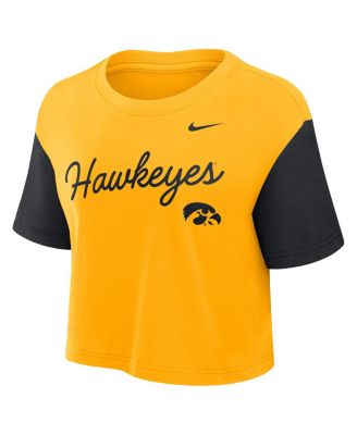 Women's Gold/Black Iowa Hawkeyes Color-Block Script Performance Cropped T-Shirt