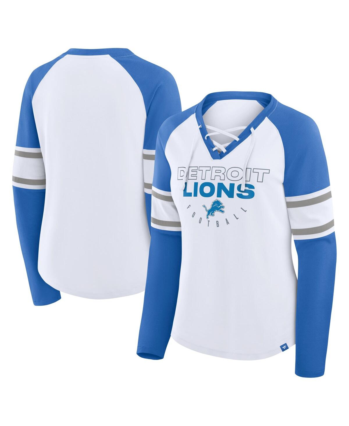 Fanatics Women's White/blue Detroit Lions Redzone Blitz Package Raglan Lace-up V-neck Long Sleeve T-shirt In White