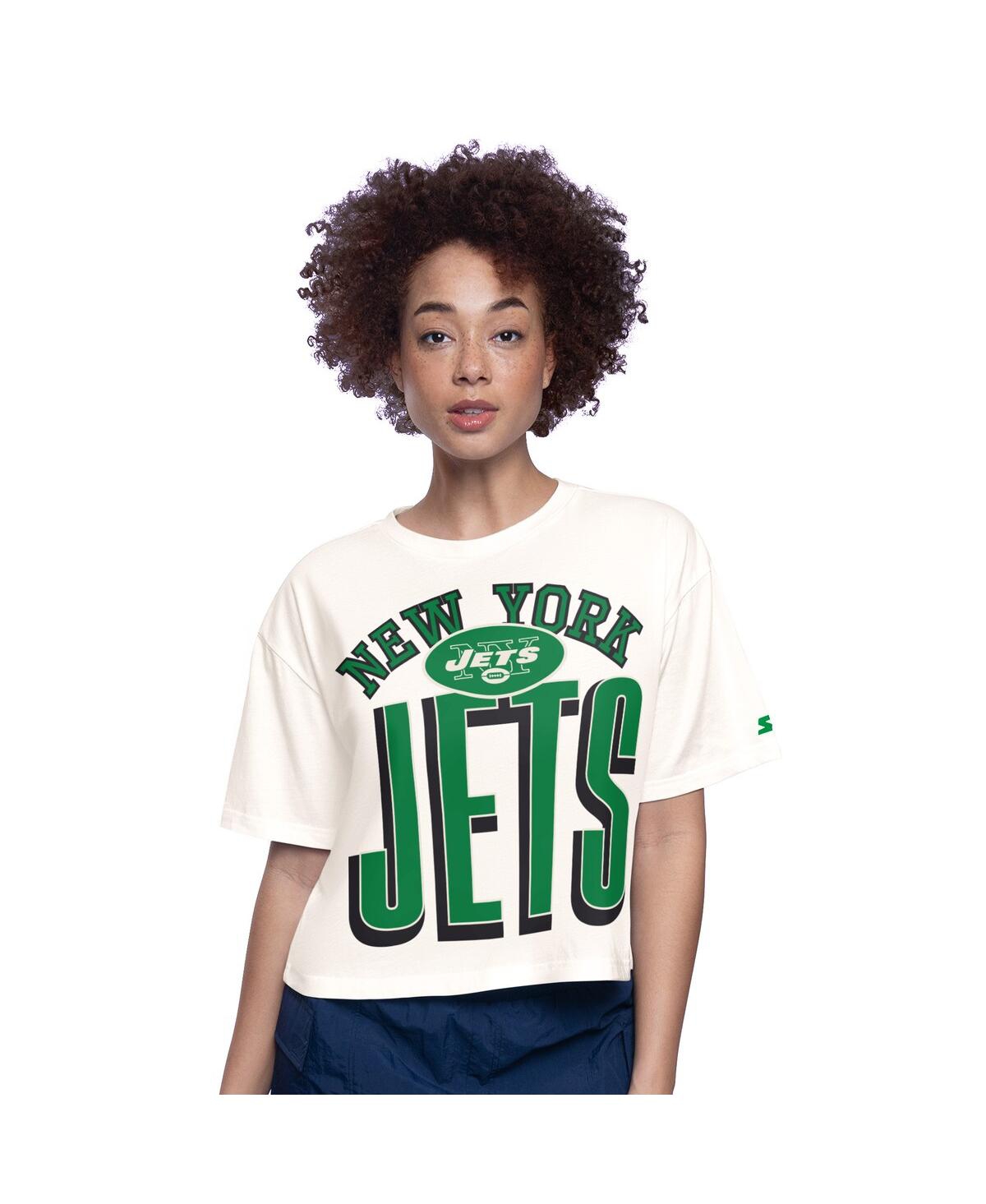 Starter White New York Jets Throwback Play The Ball Boxy Cropped T-shirt In Blue