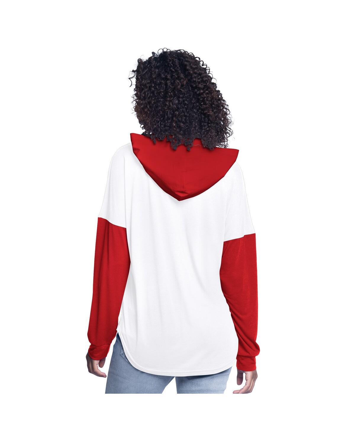 G-iii 4her By Carl Banks Women's White/red Nascar Bench Player Oversized Long Sleeve Hoodie V-neck T-shirt In White