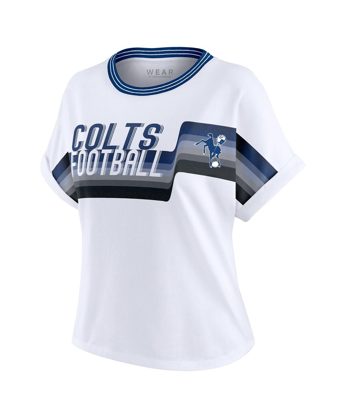 Wear By Erin Andrews Women's White Indianapolis Colts Cropped Center Stripe Dolman T-shirt In Blue