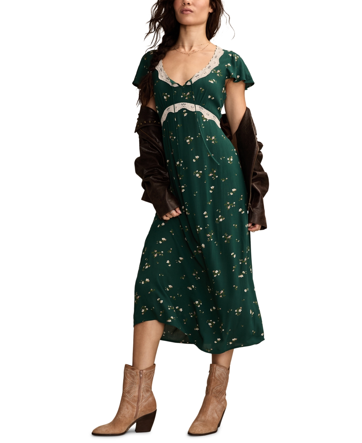 Lucky Brand Lace Trim Flutter Sleeve Midi Dress In Green