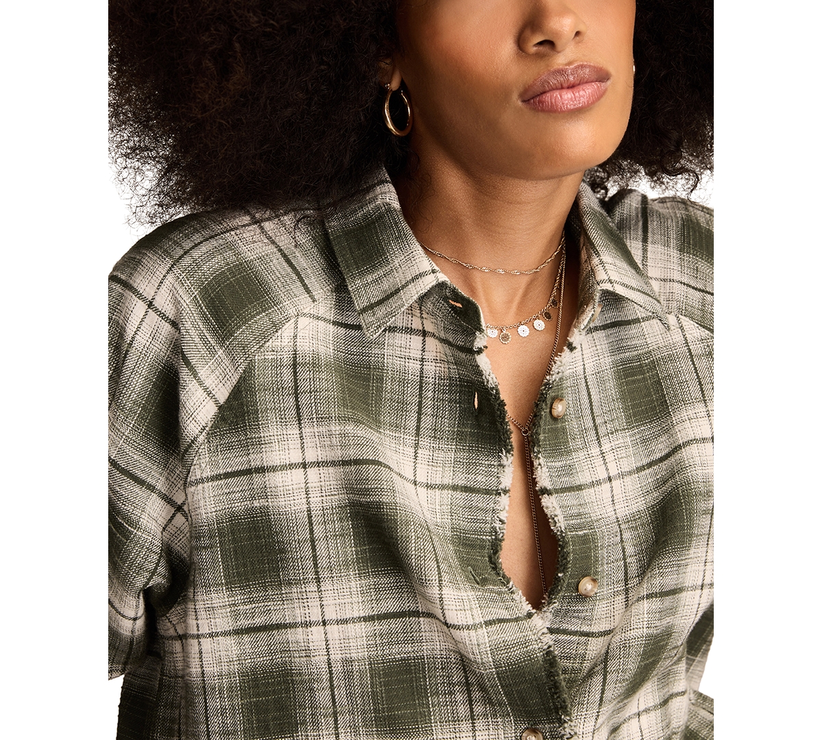 Lucky Brand Frayed Plaid Button-up Tunic Shirt In Green