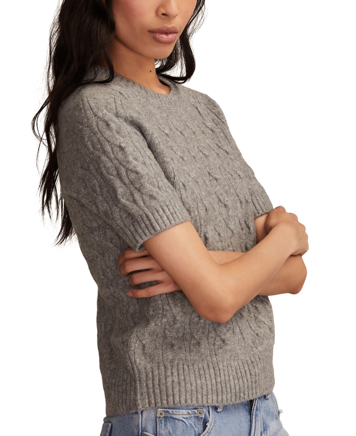 Lucky Brand Cloud Soft Cable Stitch Short Sleeve Sweater In Gray