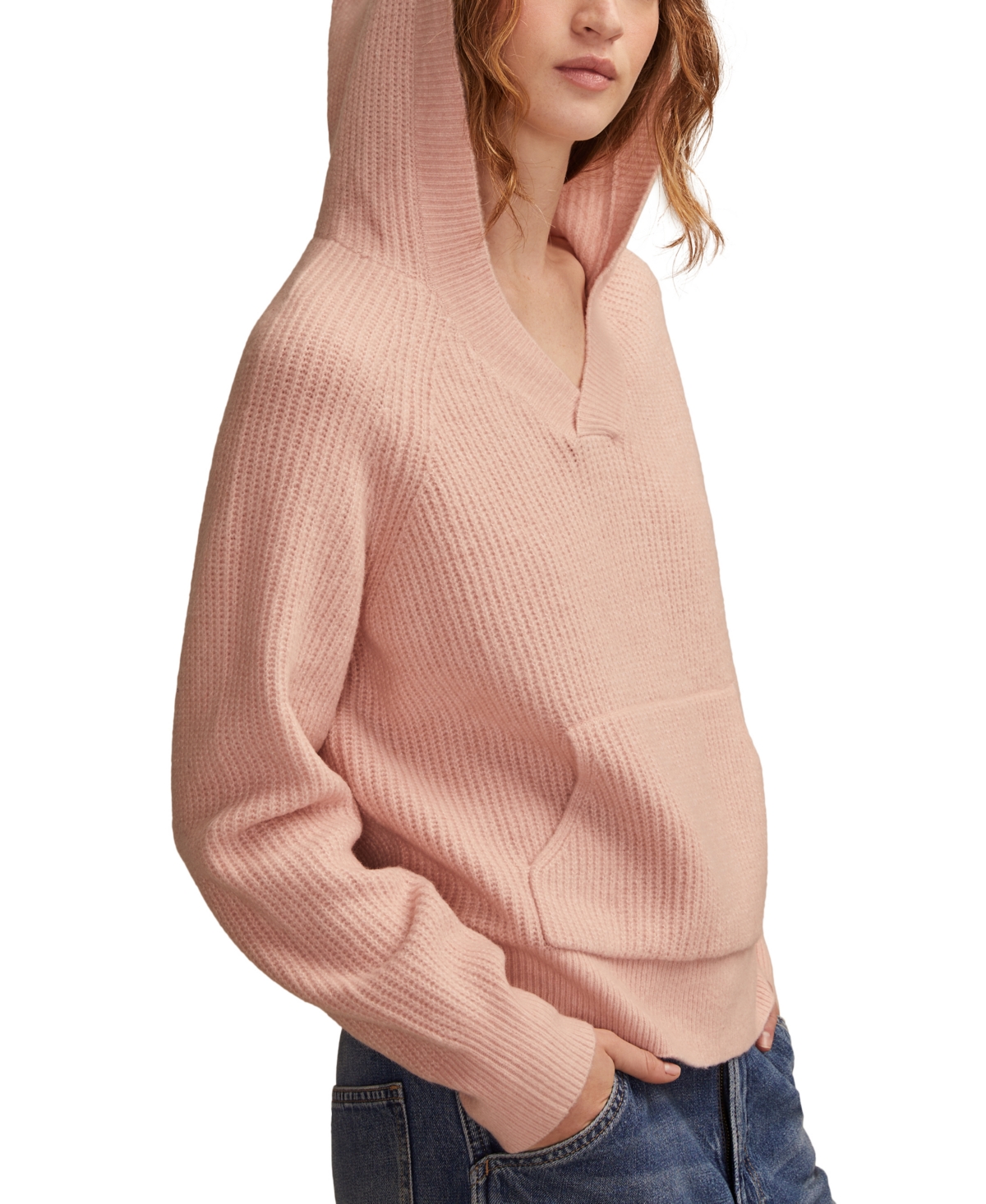 Lucky Brand Cloud Soft V-neck Sweater Hoodie In Pink