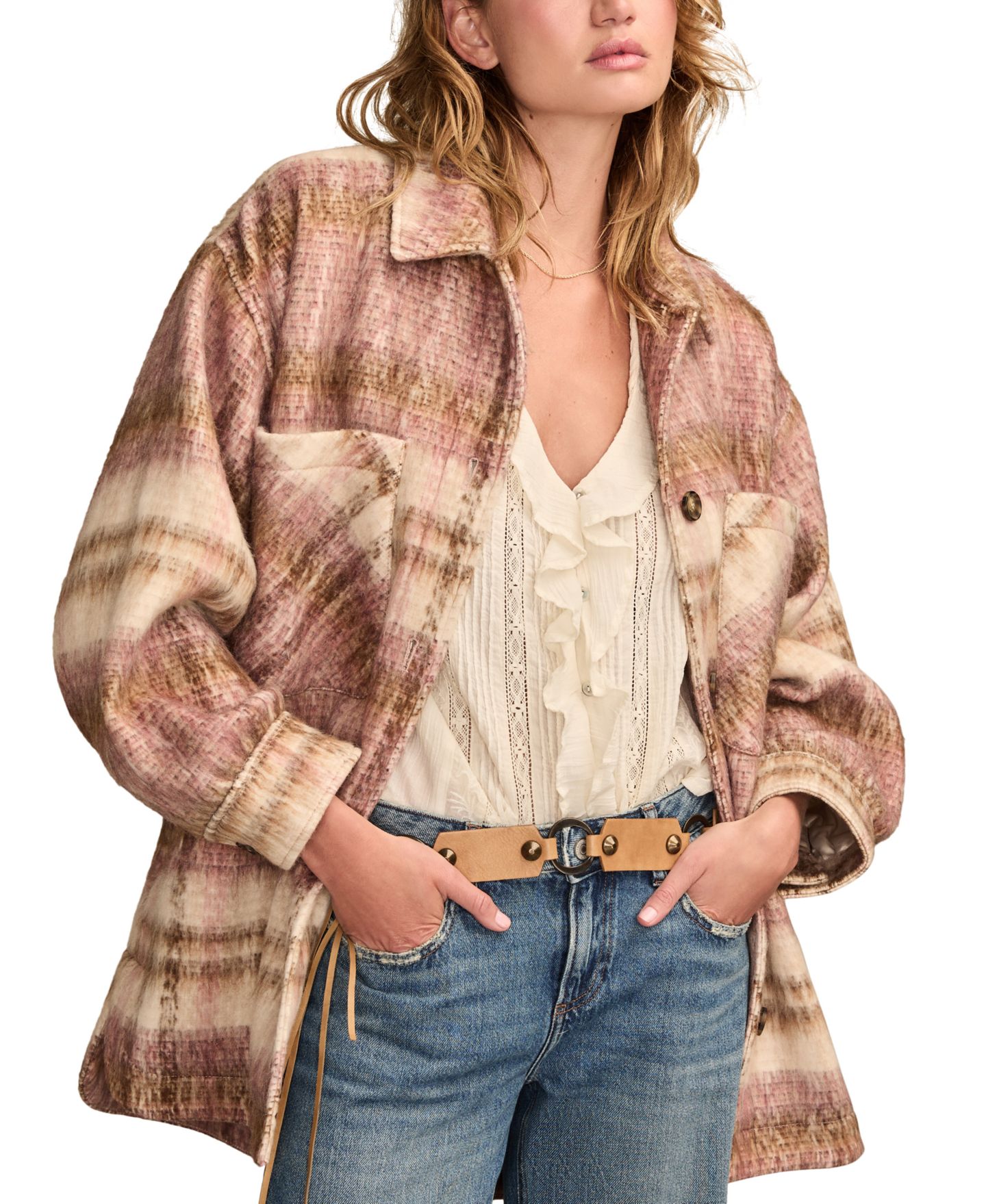 Женская куртка Lucky Brand Oversized Plaid Shirt Jacket, цвет: Розовый клетчатый — фото 6
