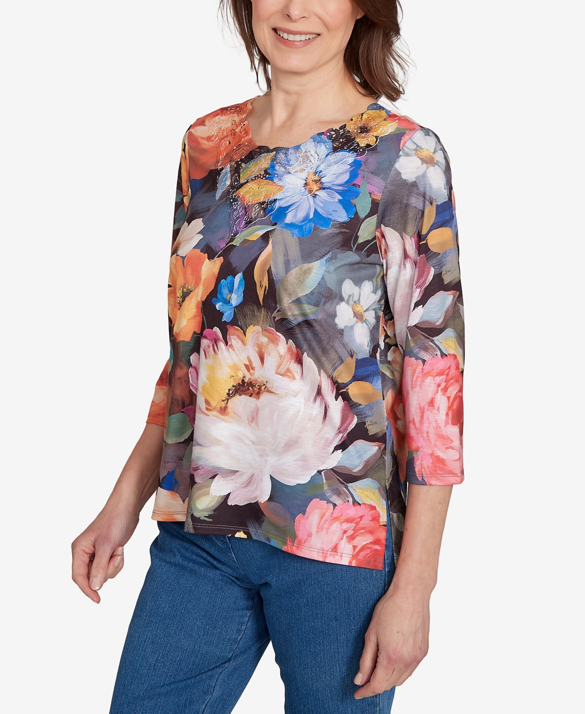 Alfred Dunner Women's Classic Dramatic Floral Lace Neck Top In Multi