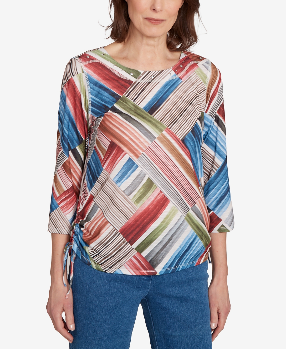 Alfred Dunner Women's Classic Stripe Patchwork Ruched Sides Top In Multi