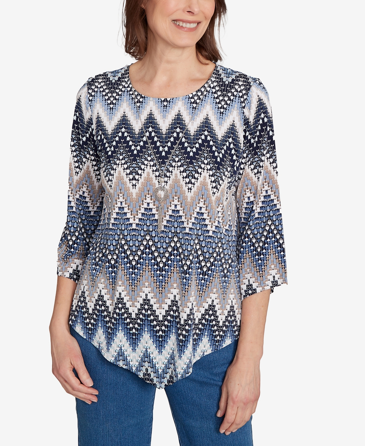 Alfred Dunner Women's Classic Puff Print Textured Chevron Top In Blue
