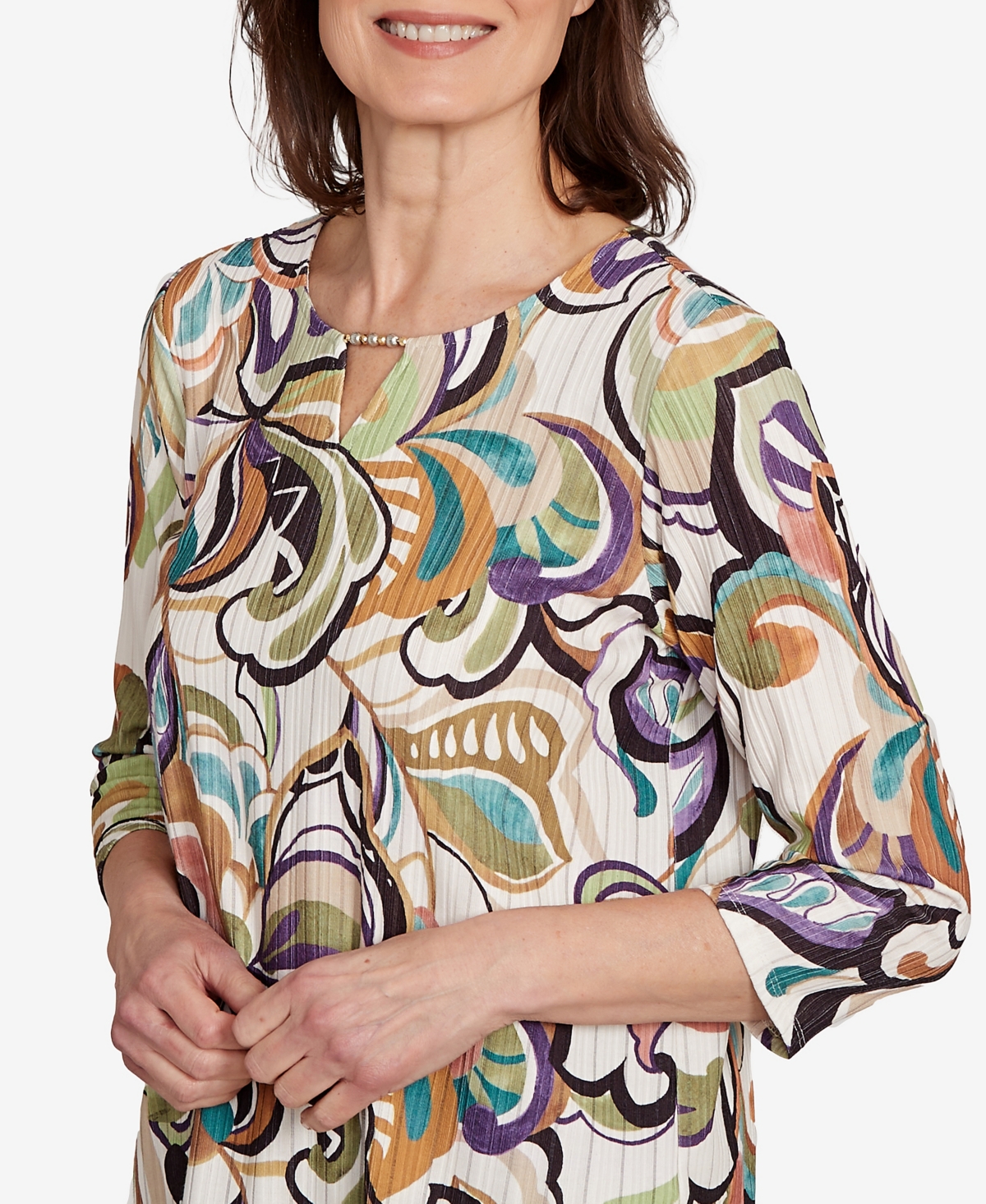 Alfred Dunner Women's Classic Abstract Scroll Split Neck Top In Multi