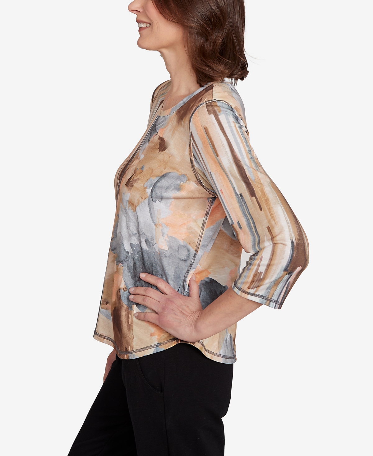 Alfred Dunner Plus Size Classic Spliced Floral Stripe Crew Neck Top In Multi