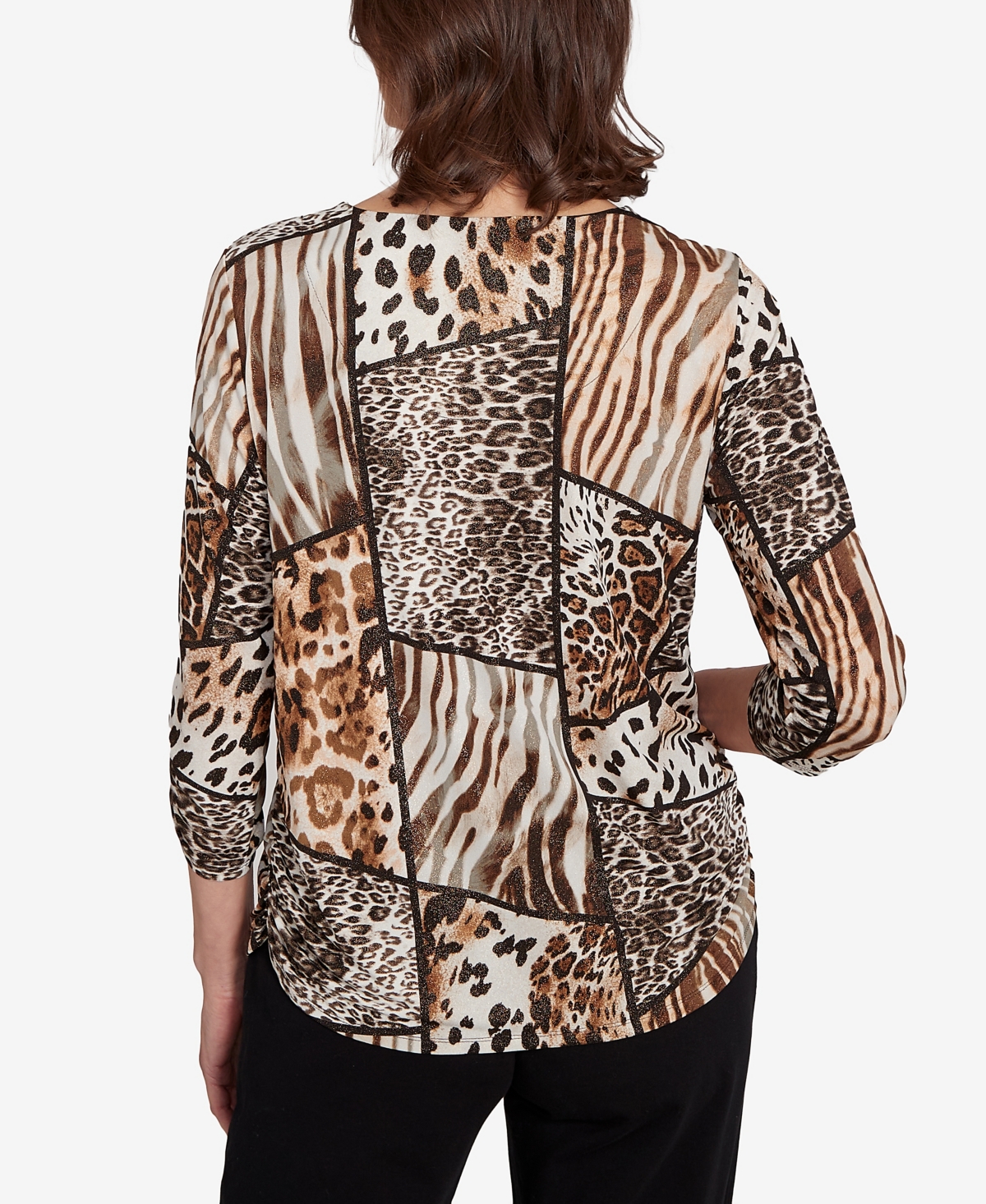 Alfred Dunner Women's Classic Puff Print Animal Color Block Top In Brown
