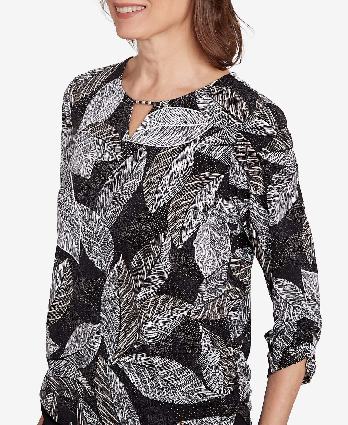 Alfred Dunner Women's Classic Puff Print Leaf Top In Black