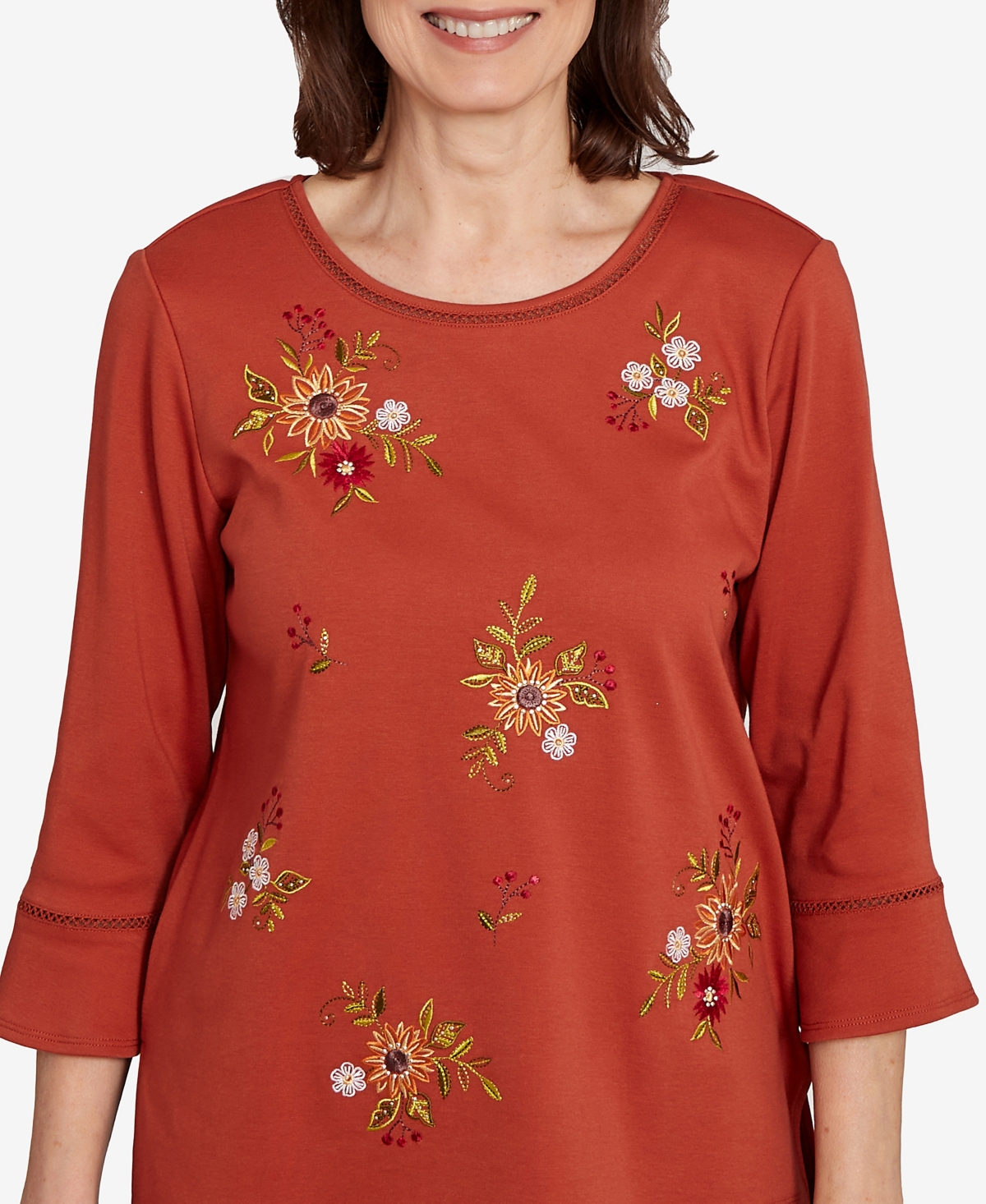 Alfred Dunner Women's Classic Tossed Floral Flutter Sleeve Top In Brown