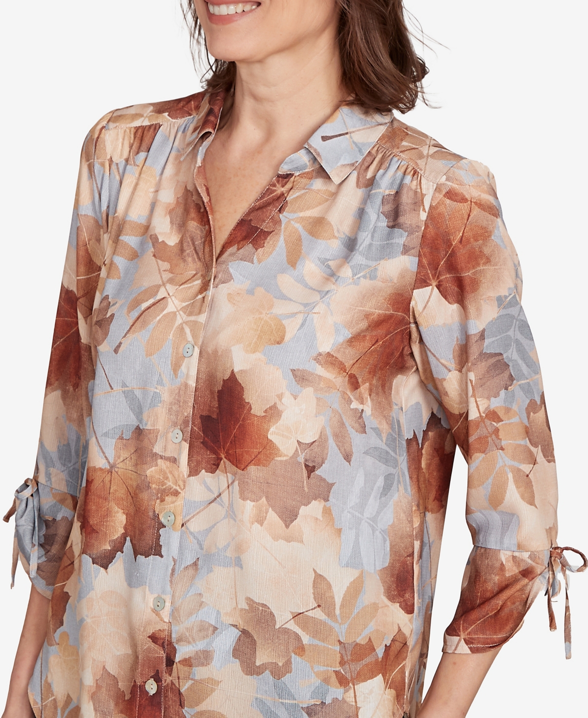 Alfred Dunner Women's Classic Textured Leaf Button Front Top