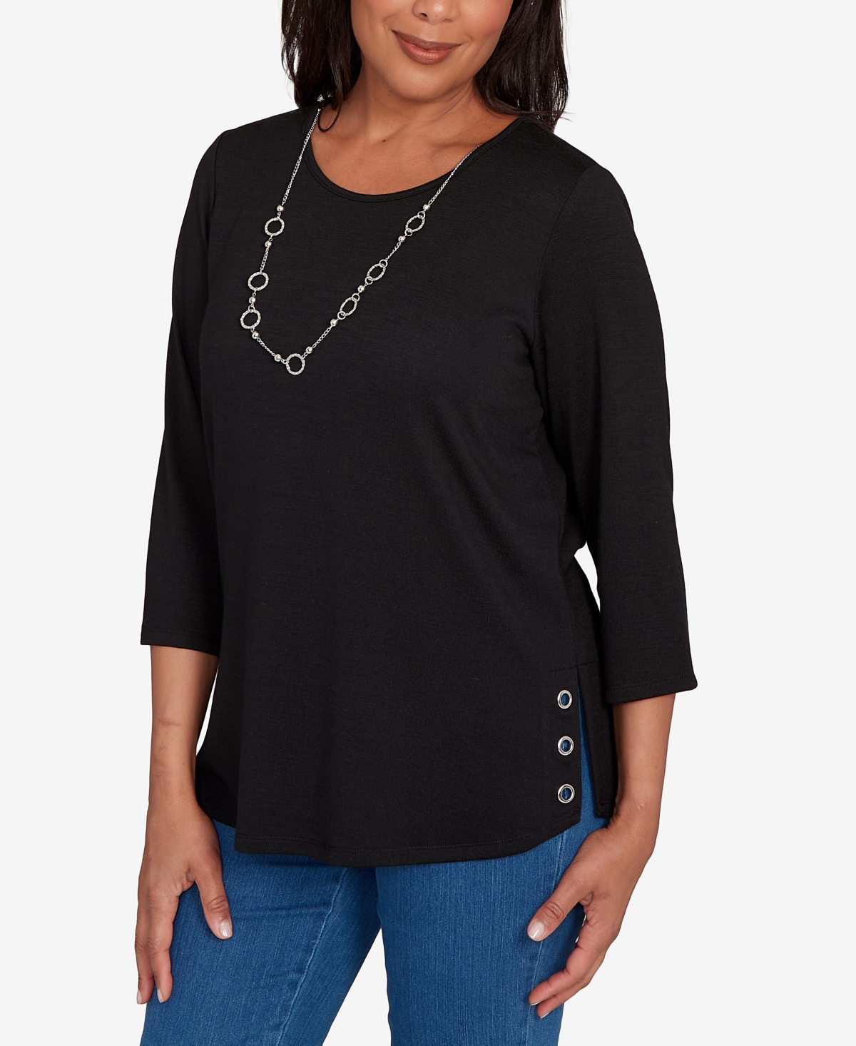 Alfred Dunner Women's Classic Melange Side Button Crew Neck Top With Necklace In Black