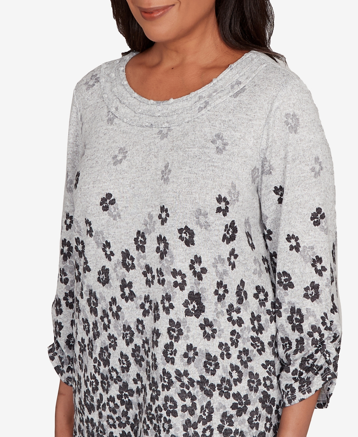 Alfred Dunner Plus Size Classic Floral Border Gathered Sleeve Top In Multi