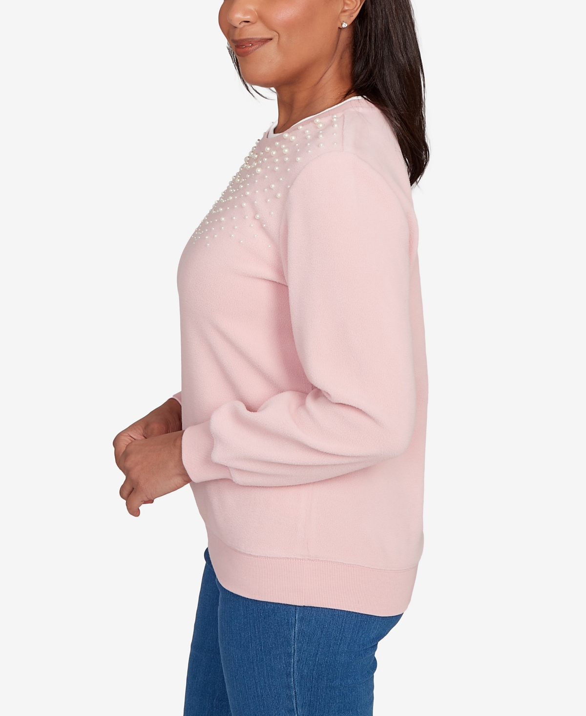 Alfred Dunner Plus Size Classic Embellished Neckline Anti-pill Sweater In Pink
