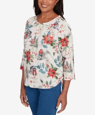 Women's Classic Holiday Raccoon Poinsettias Crew Neck Top