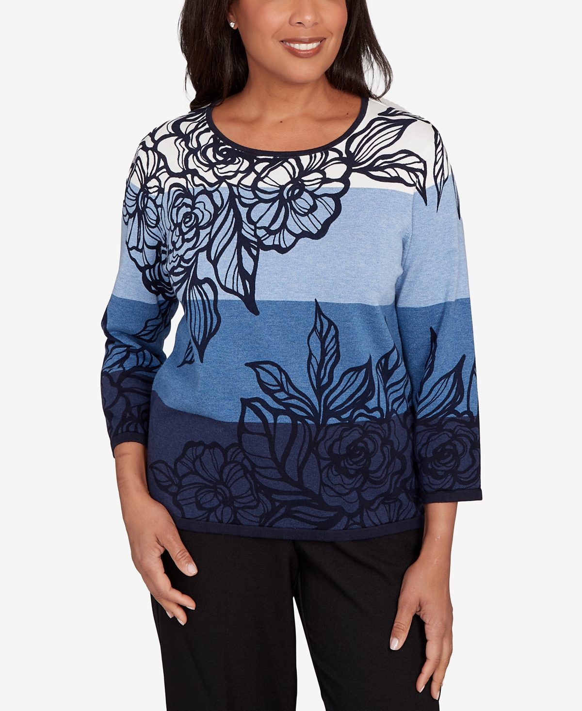 Alfred Dunner Women's Classic Ombre Floral Block Stripe Sweater In Blue