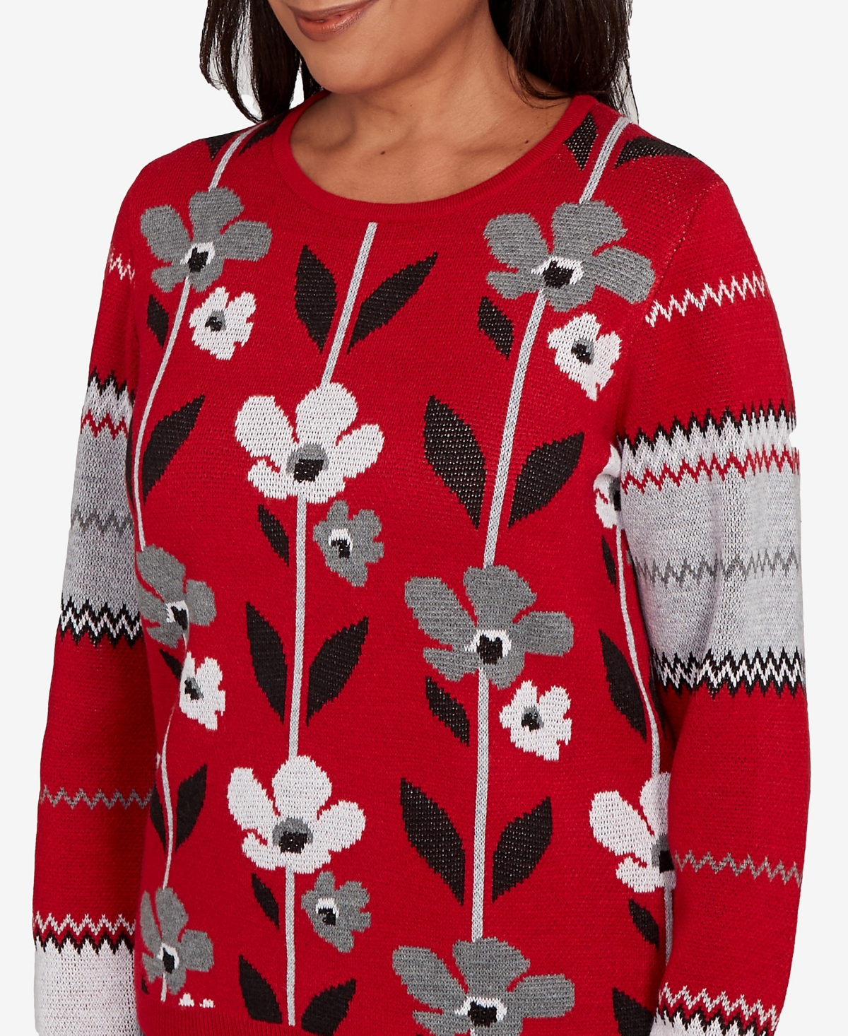 Alfred Dunner Women's Classic Vertical Flower Zig Zag Long Sleeves Sweater In Red