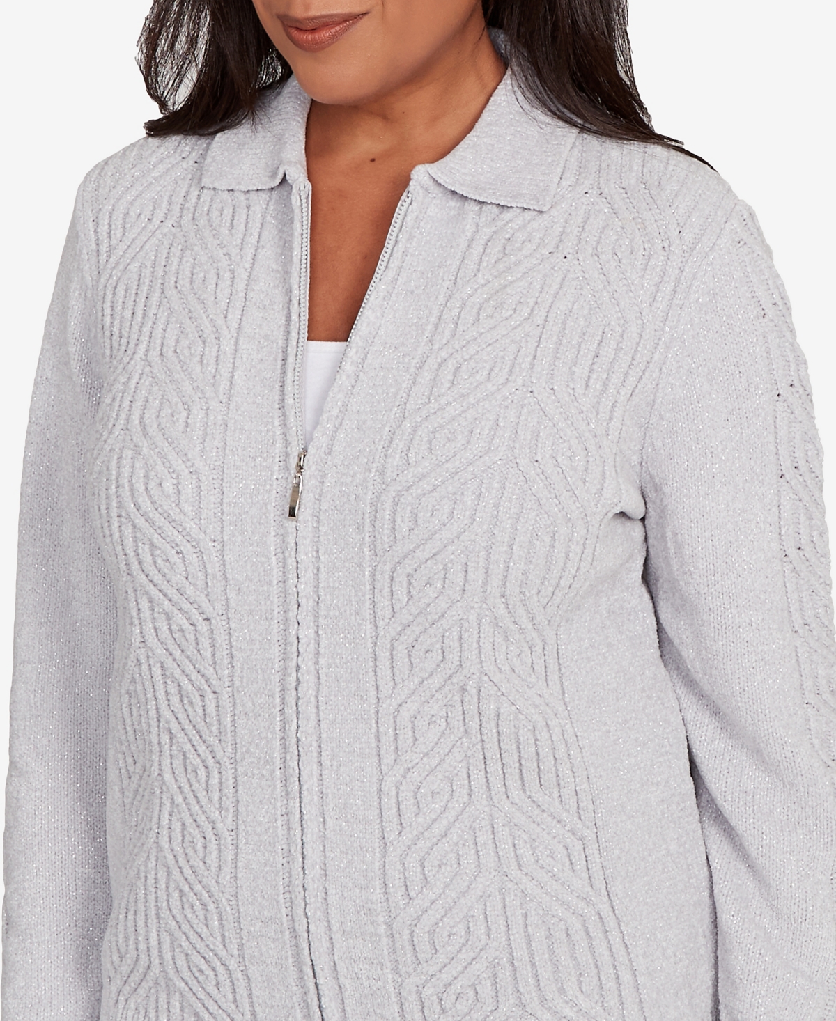 Alfred Dunner Plus Size Classic Zip-front Chenille Collared Cardigan Sweater In Gray