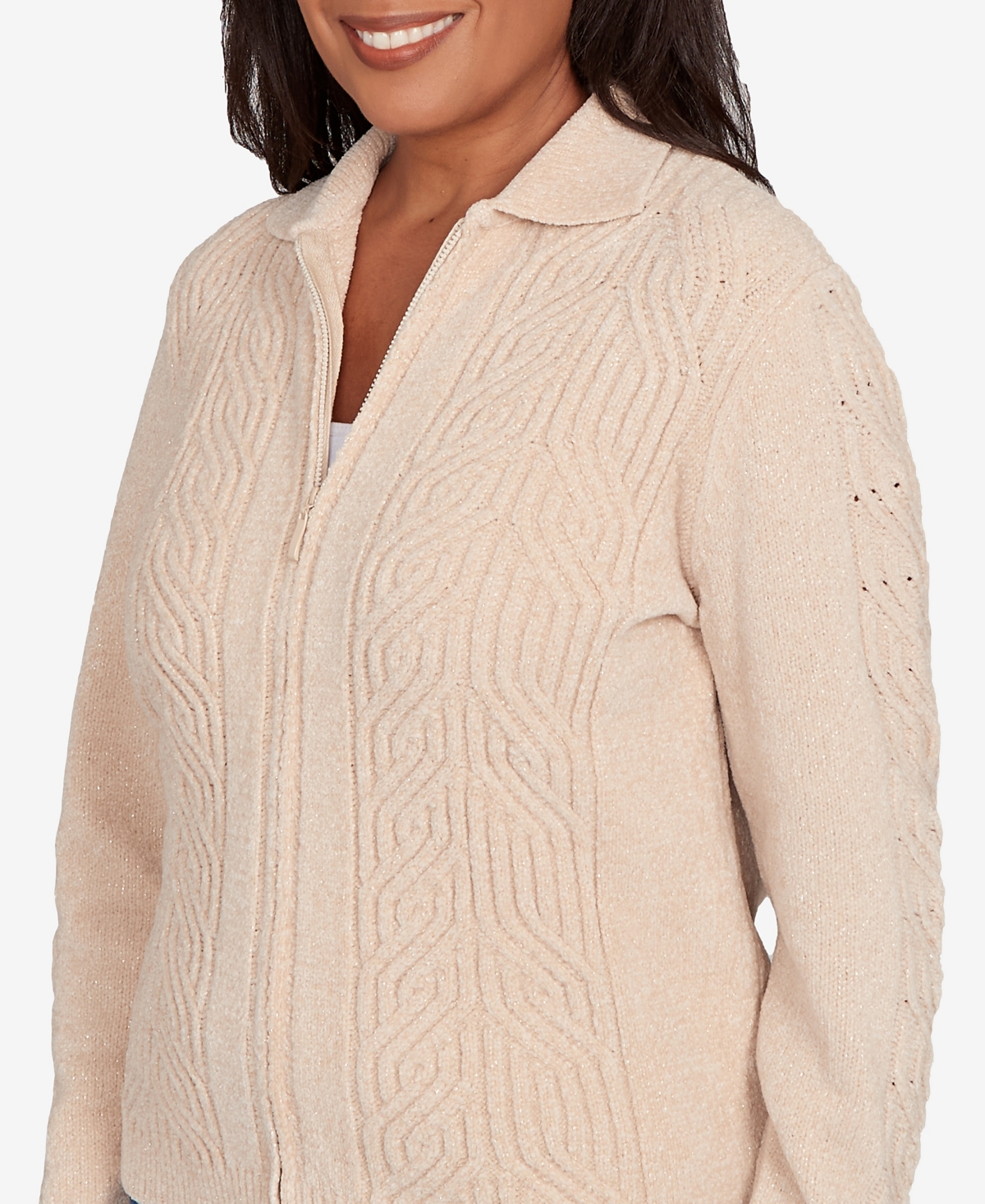 Alfred Dunner Plus Size Classic Zip-front Chenille Collared Cardigan Sweater In Brown
