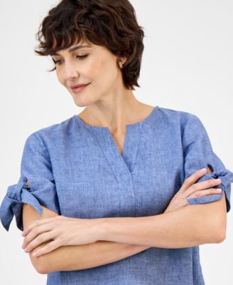 Women's 100% Linen Split-Neck Tie-Cuff Top, Created for Macy's