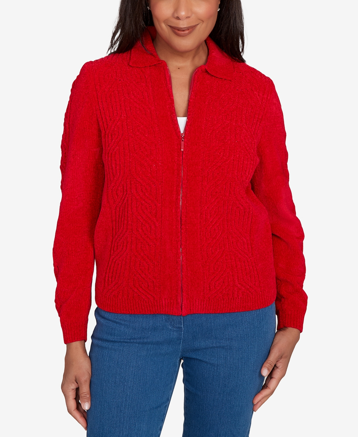 Alfred Dunner Petite Front Zip Chenille Cardigan In Red
