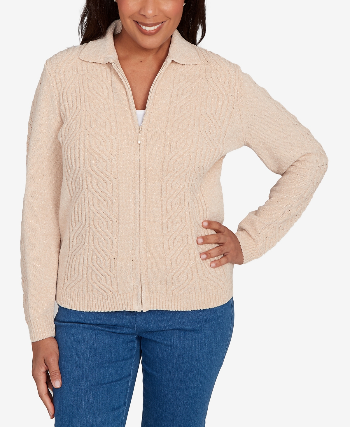 Alfred Dunner Plus Size Classic Zip-front Chenille Collared Cardigan Sweater In Brown