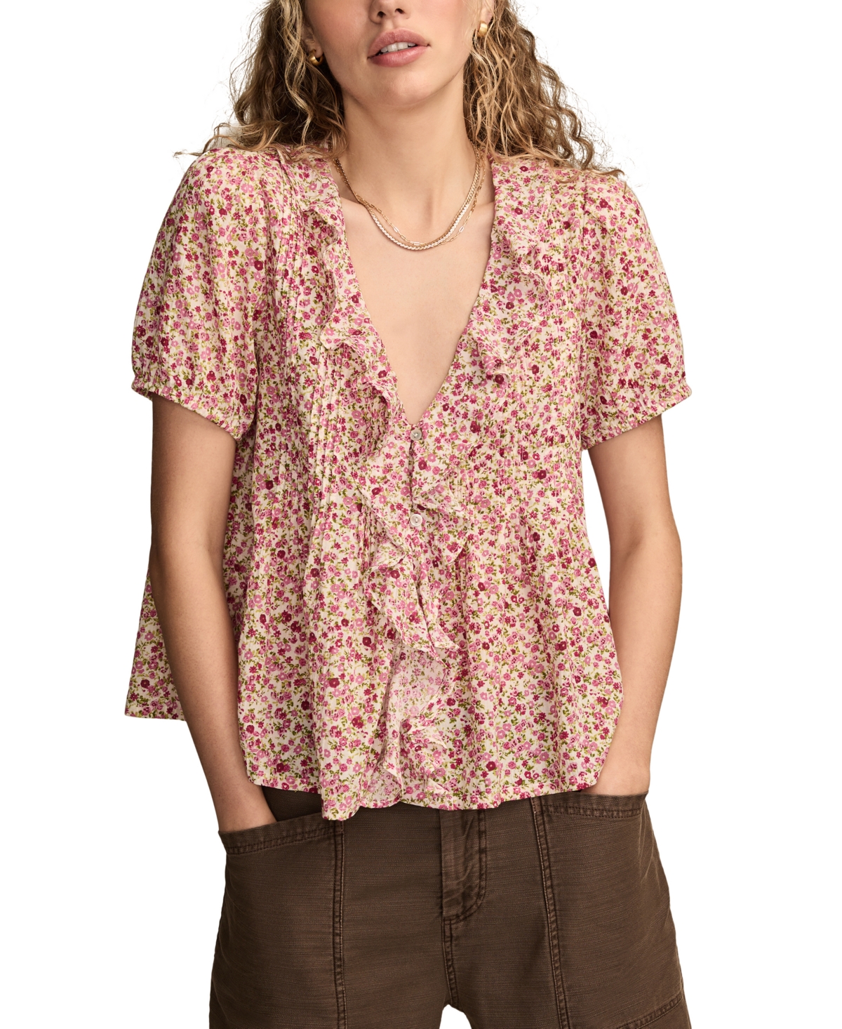 Lucky Brand Women's Printed Pintuck Blouse In Pink